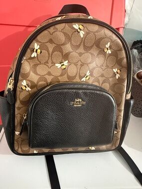 COACH Brown Signature Bee Print Court Backpack with Black Pocket